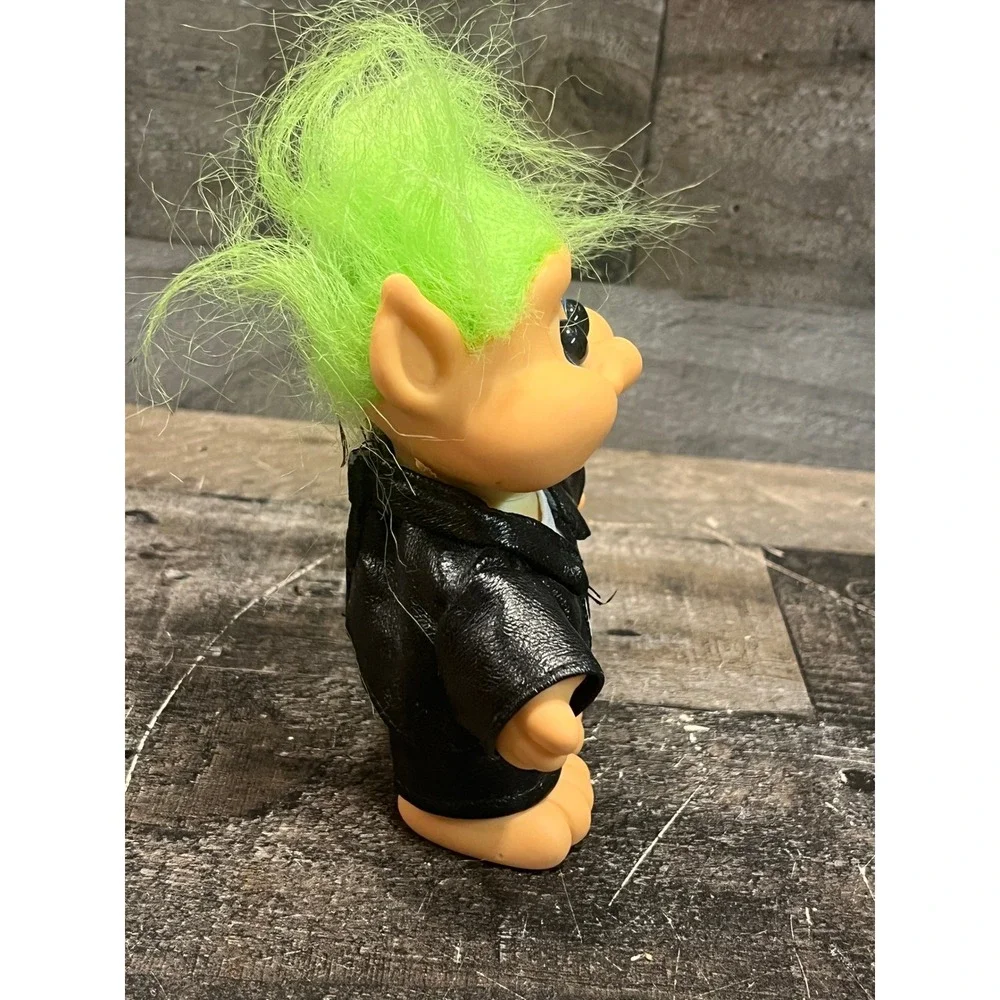 Vintage 1991 ITB Troll Doll Neon Green Hair Biker Faux Leather Jacket Blue Eyes